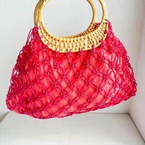 Vintage Pink Woven Braided Raffia Handle Medium Tote Bag
